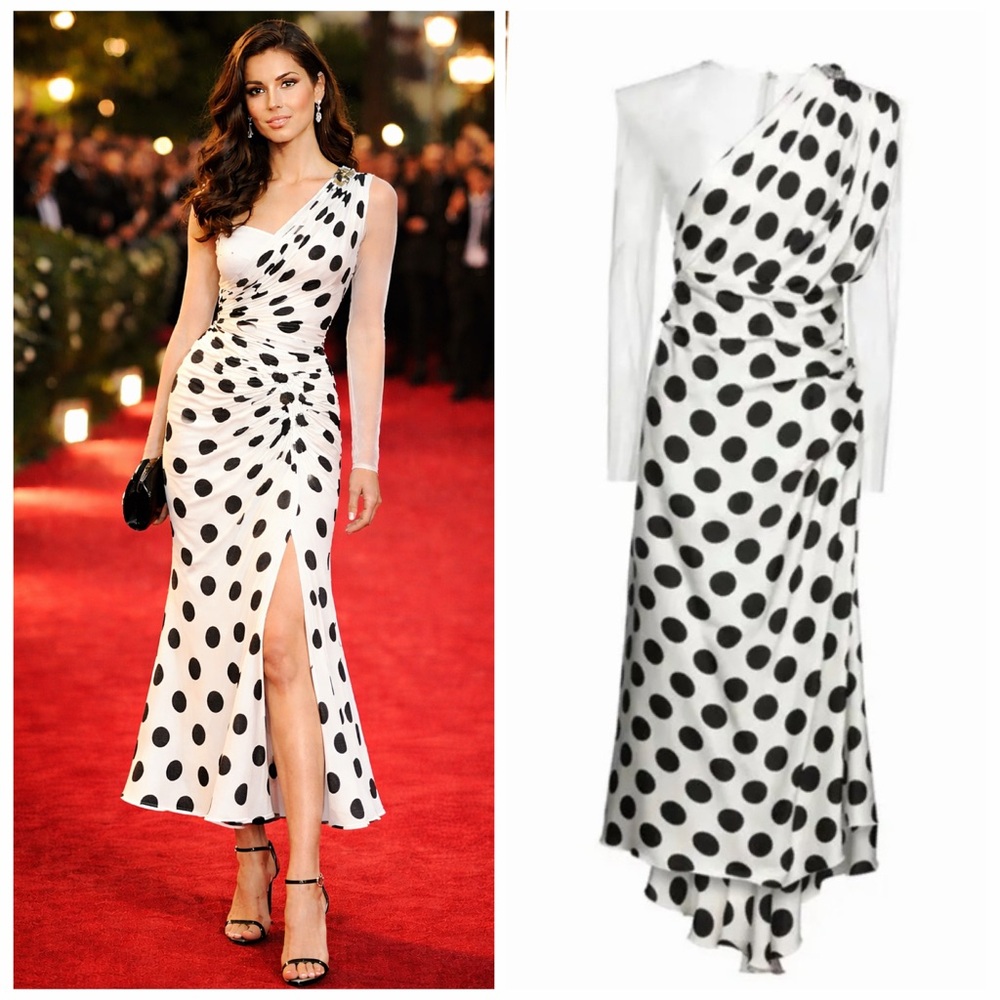 Dolce & Gabbana White Midi Dress Silk Polka Dot One Shoulder 6 Cocktail Party 🟡